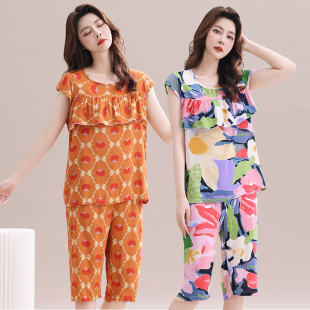 背心无袖 妈妈大码 套装 薄款 家居服女绵绸 中老年人夏季 棉绸睡衣女裤