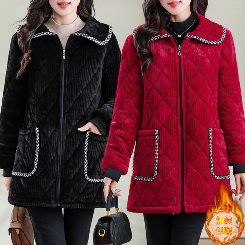 保暖加绒棉衣女中长款