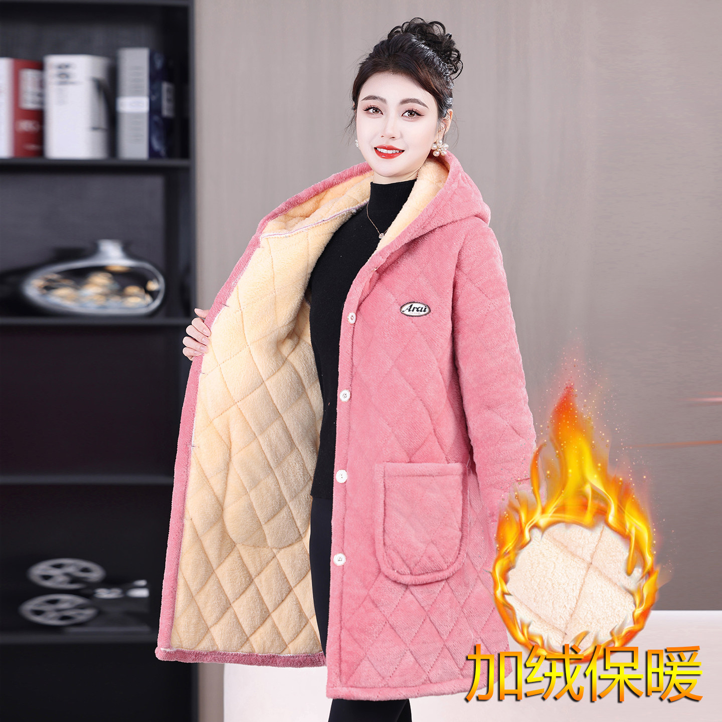 加绒加厚棉服三层罩衣外套冬季新款女外保暖睡衣中长款家居服棉衣