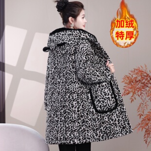 冬季女装豹纹棉衣加绒特厚中长款棉袄大衣时尚居家服外穿保暖风衣