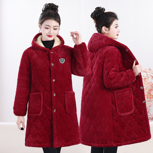 加绒加厚外套女装罩衣冬季保暖三层夹棉家居服中长款棉衣四川省服