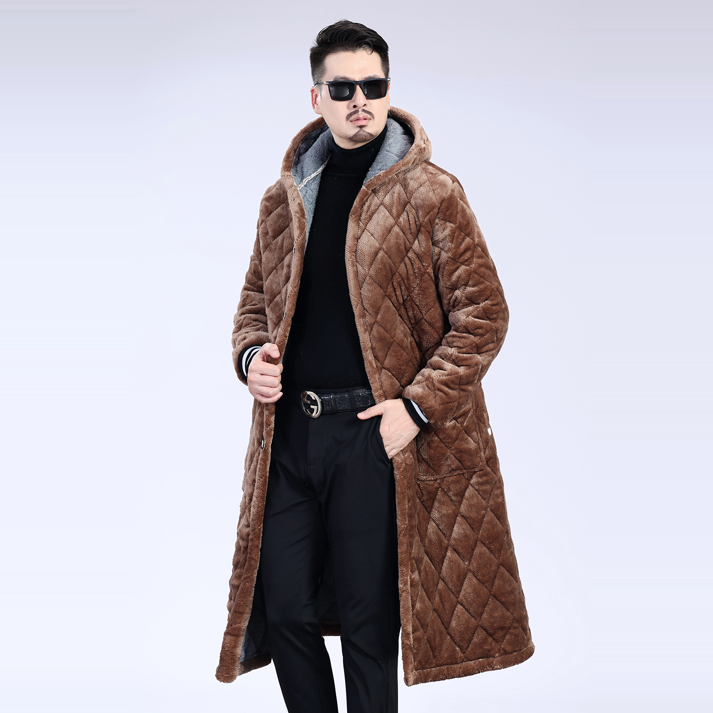 长款男棉衣冬季过膝棉服工作服加绒加厚连帽大码纯色保暖大衣省服