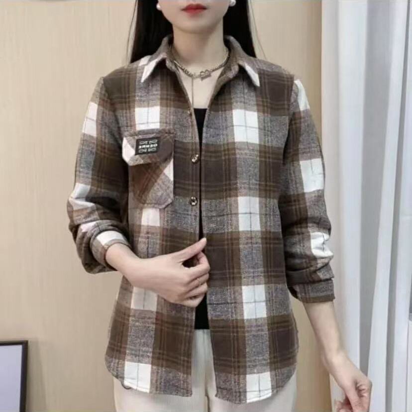 工厂直销 春秋新款格子衬衫厚款磨毛格子衬衣女宽松休闲大码款