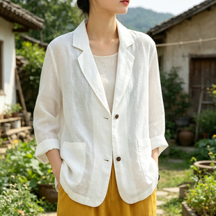 2026夏季白色纯亚麻外套女薄款宽松防晒休闲上衣长袖文艺小西装