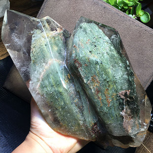 天然水晶绿幽灵彩幽灵六棱原石柱墨绿色多头千层金字塔玄关大摆件