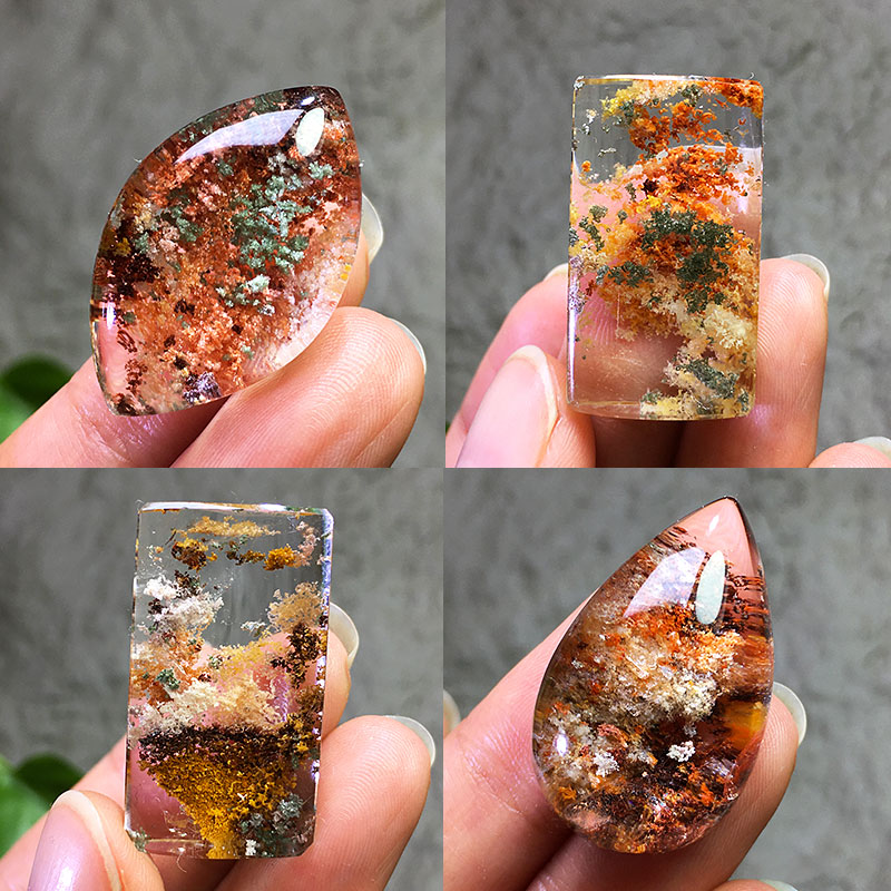 巴西天然红绿黄幽灵吊坠四季彩幽灵异象水晶无事牌水滴戒面毛衣链