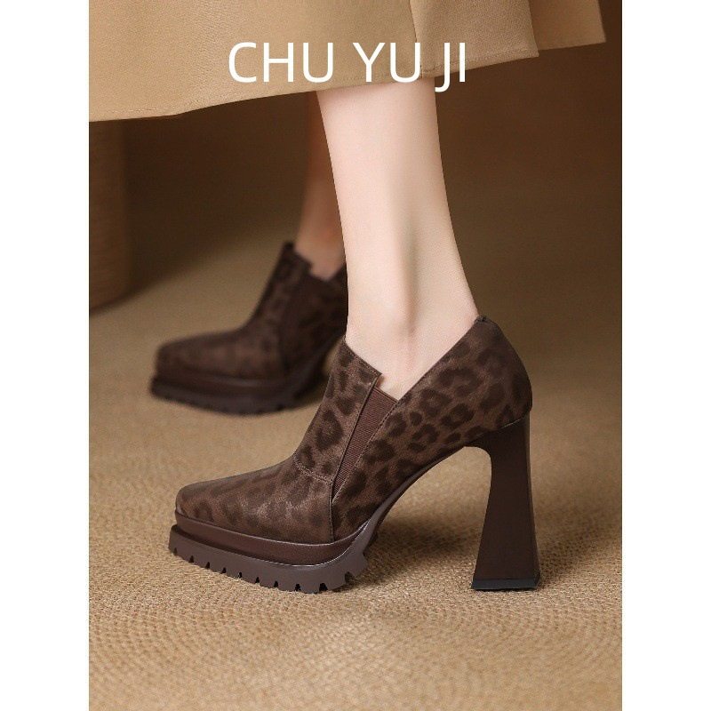 初遇季豹纹高跟鞋防水台粗跟深口单鞋女尖头2025年秋季新款,女鞋,浅口单鞋,淘宝优惠券,粉丝福利购,淘宝优惠卷