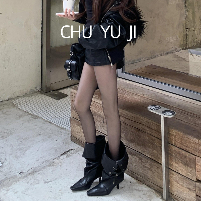初遇季黑色细跟高跟靴子女款设计时装靴
