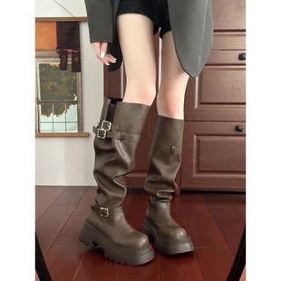 厚底棕色高筒堆堆靴子女2025新款 显瘦西部牛仔两穿长筒骑士靴 秋季