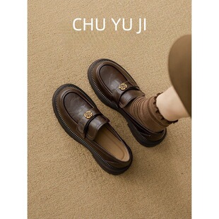 初遇季山茶花乐福鞋女粗跟jk单鞋子黑色一脚蹬英伦风小皮鞋女