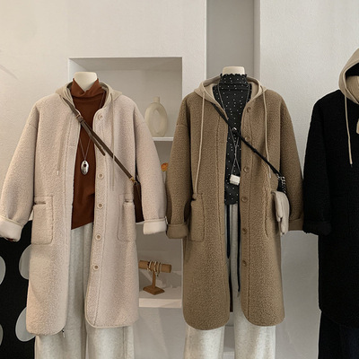 欧玛莱 可拆卸针织连帽皮毛一体加厚保暖羊羔毛长袖大衣外套 5442