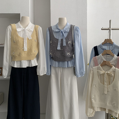 欧玛莱 抽绳绑带长袖衬衫+钉珠蝴蝶结针织马夹两件套上衣实拍4644