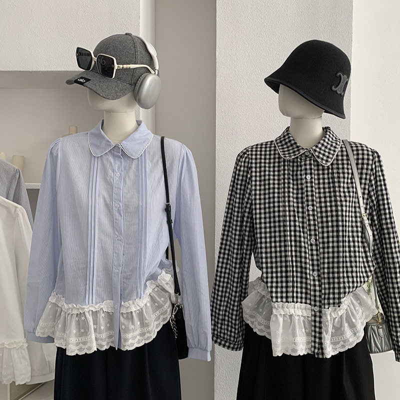 欧玛莱 娃娃领拼接蕾丝边下摆单排扣长袖衬衫早春新款小清新 6132,女装/女士精品,衬衫,淘宝优惠券,粉丝福利购,淘宝优惠卷