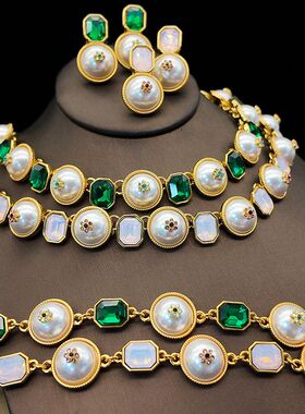 粉色蛋白绿色莱茵石镶钻小花耳钉手链项链首饰套装女时尚饰品GH