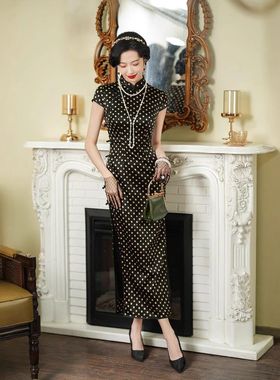 唐之恋2025春夏复古民国风黑色真丝旗袍女高级感连衣裙桑蚕丝长款