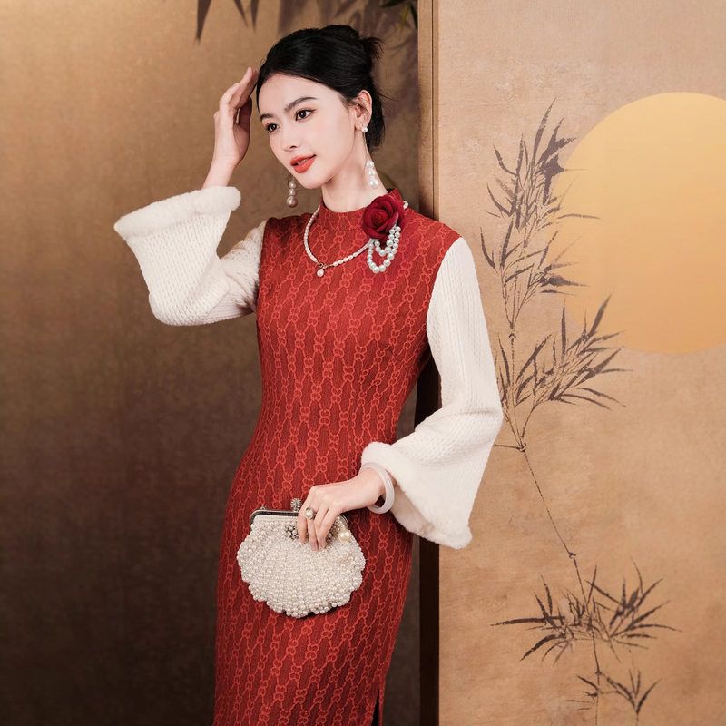 新中式高级红色倒大袖旗袍女长袖