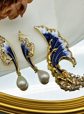 中古Vintage重工灵动高级质感蓝色海浪胸针耳饰套装XZY