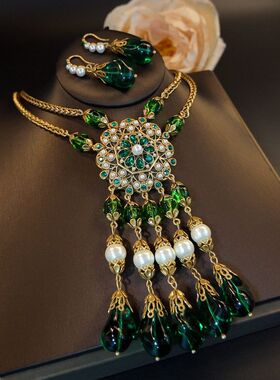 中古宫廷绿色大花朵异形琉璃流苏吊坠项链耳钩首饰套装女饰品GH