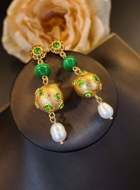 高级感镶嵌水钻绿色猫眼月球淡水珍珠吊坠耳钉女复古时尚饰品GH