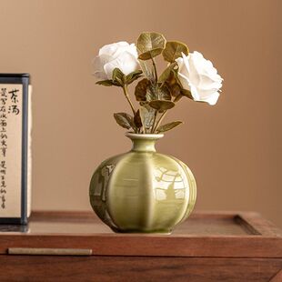 耀州窑灯笼式小花瓶轻奢高级感客厅插花干花摆件陶瓷创意花器YG