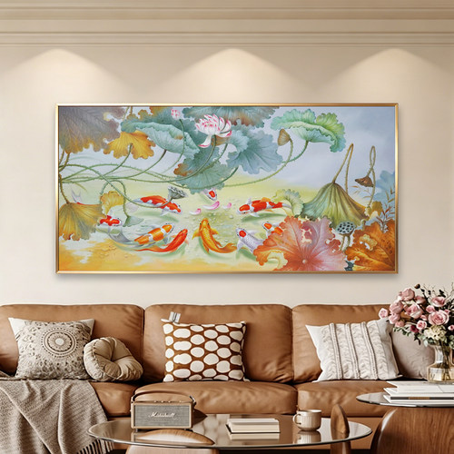 九鱼荷花图纯手绘油画现代轻奢客厅餐厅卧室装饰画新中式锦鲤壁画