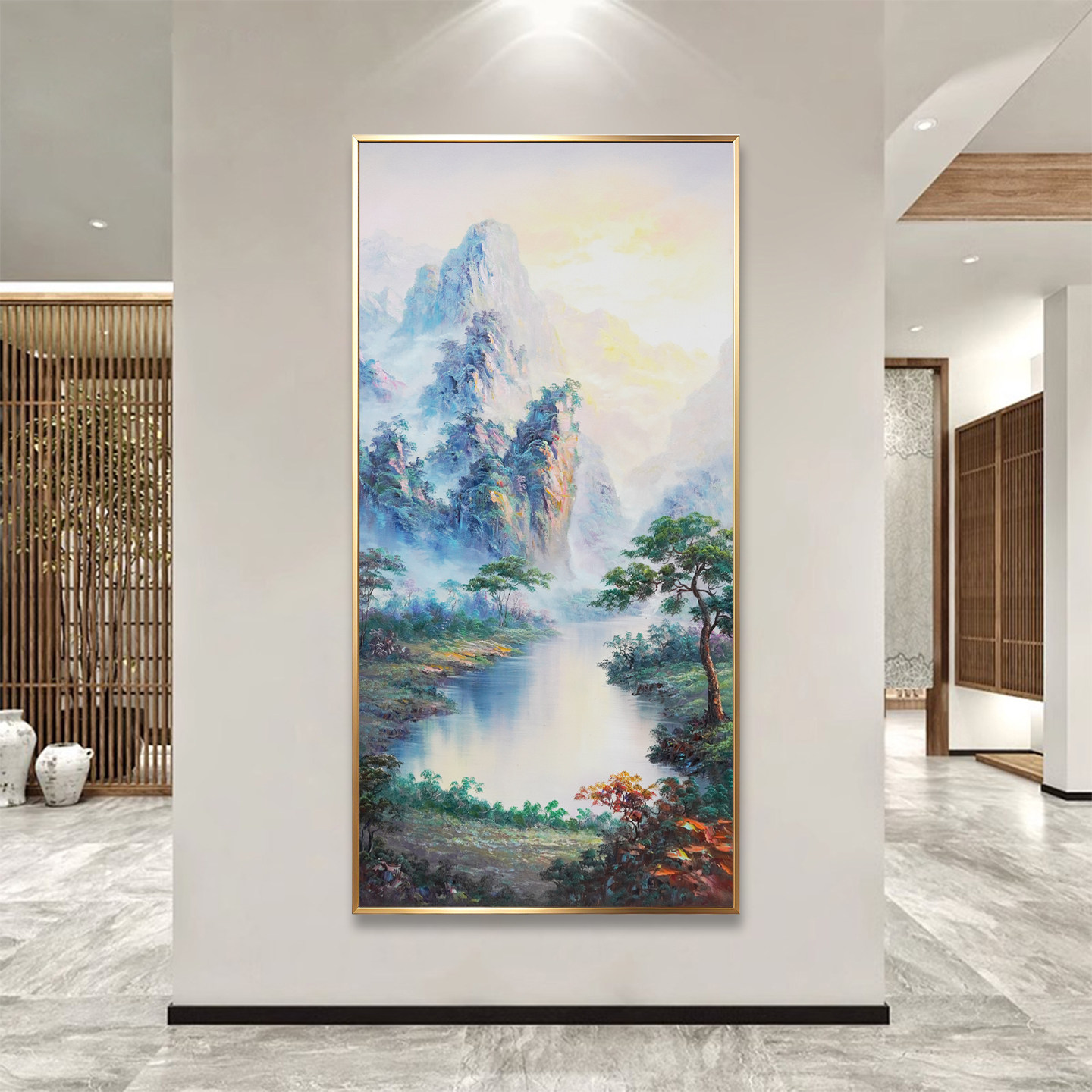 新中式山水油画聚宝盆纯手绘轻奢风景客厅玄关装饰画招财壁画挂画