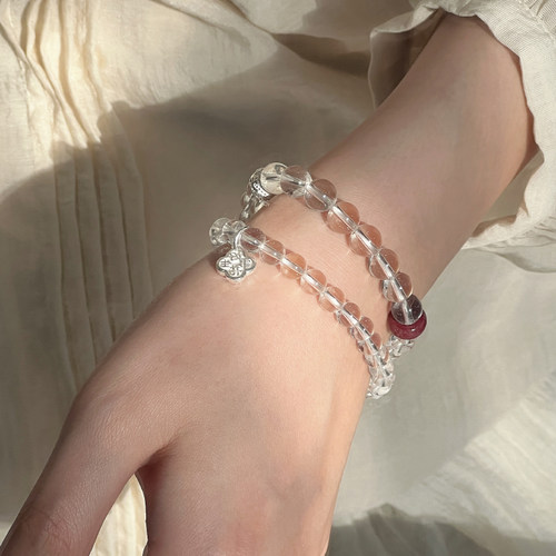 天然白水晶朱砂双圈手链