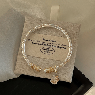 一十七手作「招财猫」实心足银999.9新中式银镯轻奢古法描金手镯