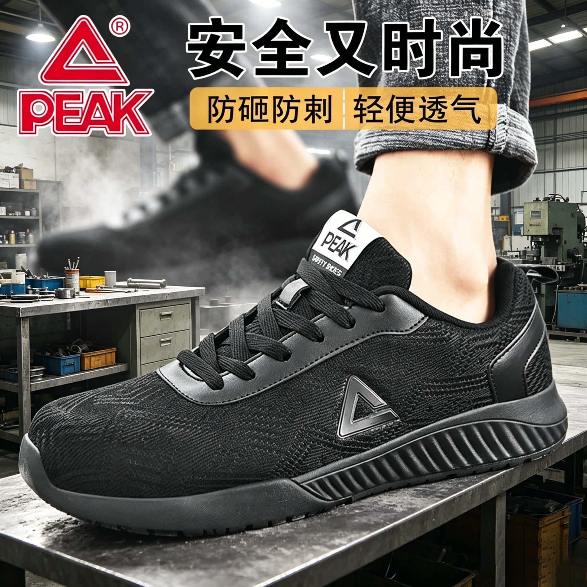 PEAK匹克防护鞋男防砸防刺轻便透气安全鞋黑色运动休闲鞋男劳保鞋