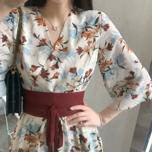 国潮腰带连衣裙收腰汉服改良版 夏季 新款 超仙中国风显瘦碎花长裙潮