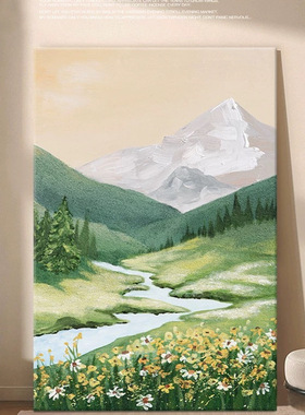 手绘油画风景高山流水玄关走廊