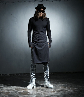 男士上衣纯色圆领双侧开衩长袖潮超长款T恤连手套大码打底衫秋装