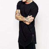 韩版 圆领T恤打底衫 新款 夏装 中长款 侧拉链园摆半袖 短袖 欧美高街男