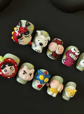 任民币|原创穿戴甲立体捏捏可爱蜡笔小新小白彩色夏日显白美甲