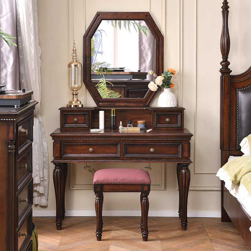 别墅家具高档欧式妆台带凳子一体化妆桌带镜子美式复古实木梳妆台