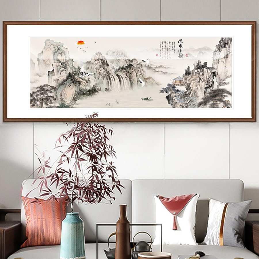 流水生财山水画客厅茶室茶台装饰画老板办公室沙发中式挂画靠山图