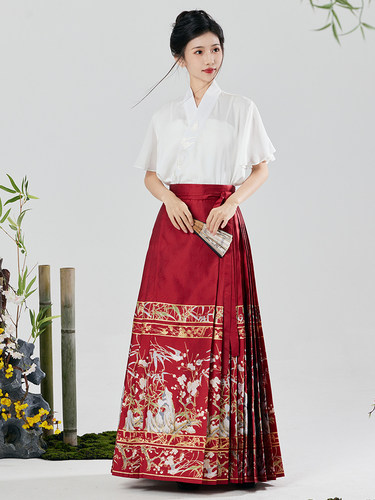 序绘[清仓价处理价]明制汉服双飞燕新中式织金红色马面裙女款日常