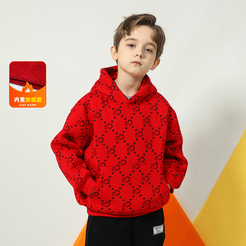 【5折特卖】男童加绒卫衣儿童秋冬满印加厚长袖红色连帽上衣