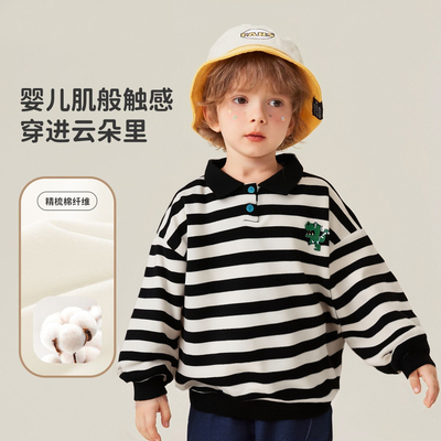 【5折特卖】儿童加绒polo领卫衣男童秋冬长袖条纹上衣复古学院风
