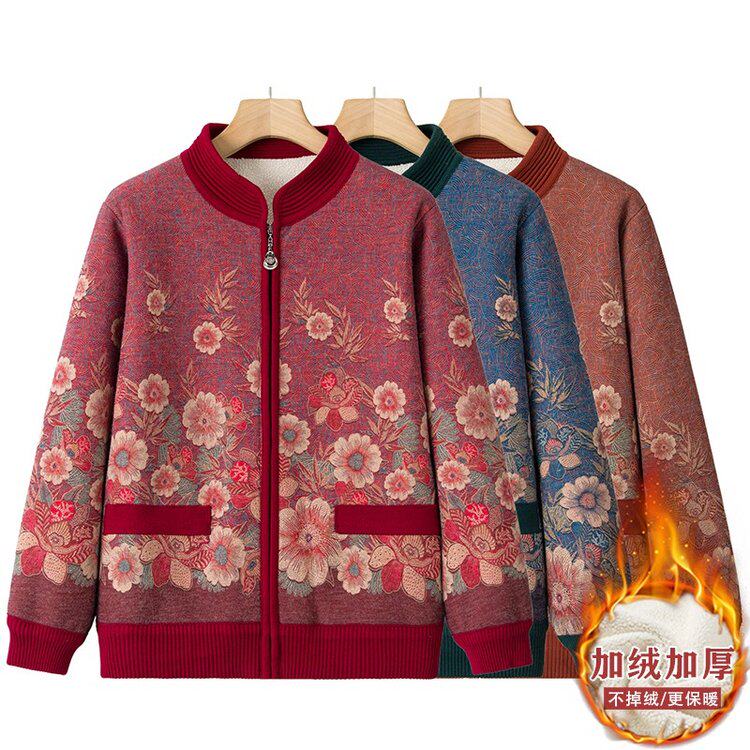 中老年妈妈装花卉印花拉链开衫女加绒加厚保暖针织外套