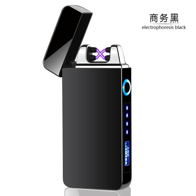交叉双电弧火机充电防风创意usb电子点烟器触摸感应电量显示男