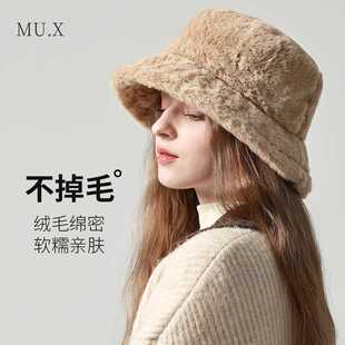 秋冬帽子女仿兔毛水桶帽甜美可爱毛绒韩版百搭渔夫帽保暖加厚盆帽