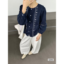 早秋新款民族风圆领绣花灯笼长袖宽松衬衫气质简约显瘦复古上衣女