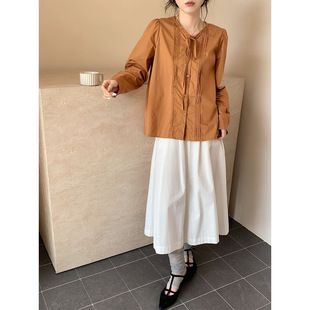 女简约减龄甜美长袖 早秋氛围感温柔古风系带花边衬衫 上衣女ZG