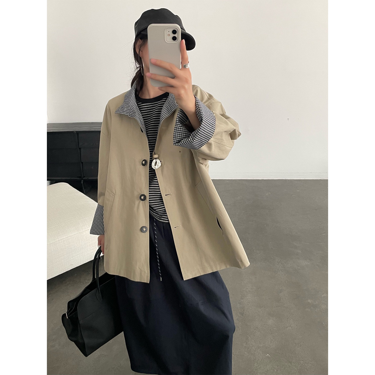 新款韩版宽松设计感立领风衣外套女气质轻奢风成熟中长款上衣ZA