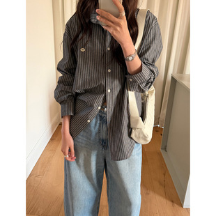 简约小扣竖条纹棉麻衬衫韩系春季宽松慵懒风百搭外穿内搭衬衣ZH