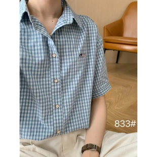 高级感韩系ins经典 文艺范刺绣字母宽松慵懒风休闲衬衣 格子衬衫 女