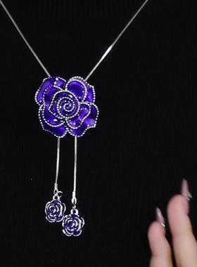 紫色大气款花朵流苏毛衣链项链