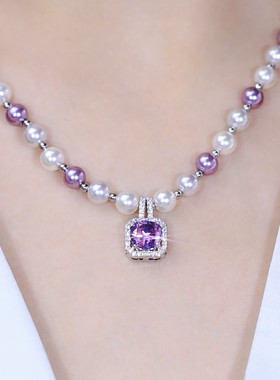 紫色满钻方糖仿珍珠锁骨链项链女