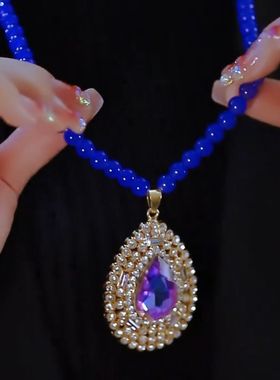 紫色椭圆牌长款水滴毛衣链项链女